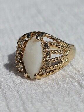 Vintage PVD White Opal Marquis Cocktail Ring 18k HGE Gold Plated